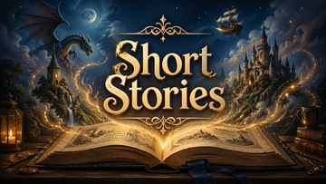 An open storybook beneath a moonlit sky, Short Stories collection artwork