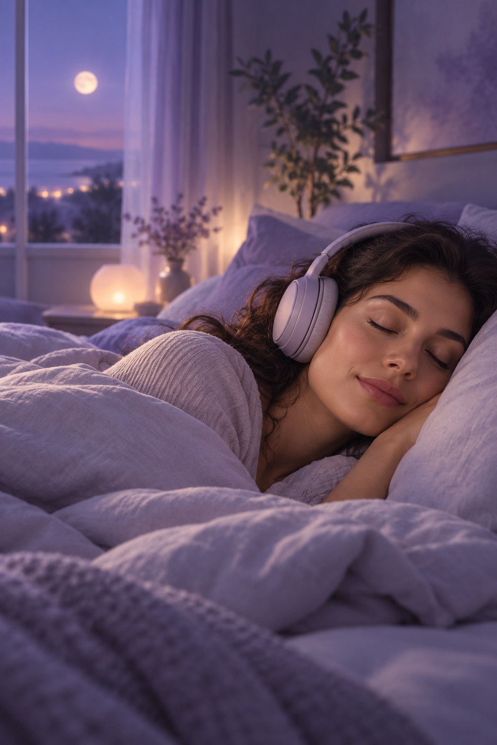 Woman relaxing in bed with headphones on and eyes closed